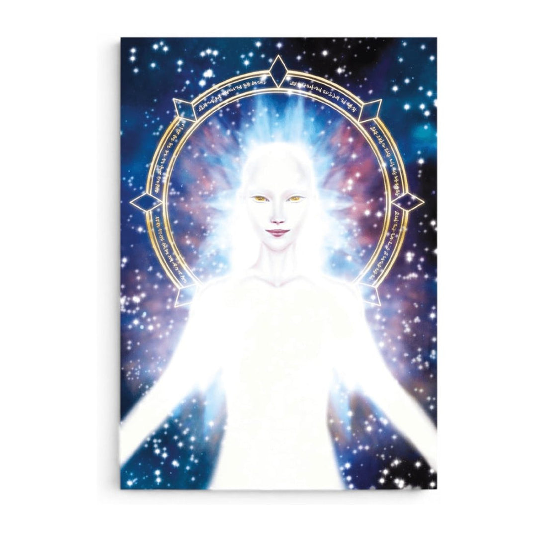 Glowing white angel against a starry sky, card art from the Angelic Activations Oracle