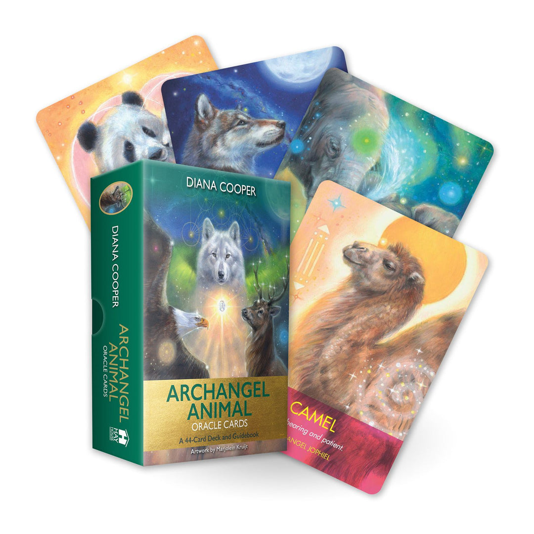 Archangel Animal Oracle Cards deck box by Diana Cooper, with the Camel card and three more cards