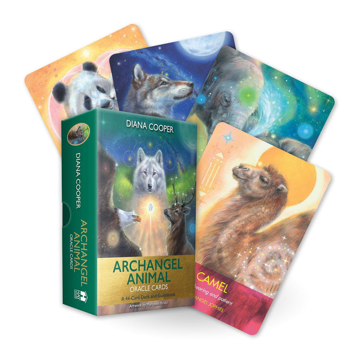Archangel Animal Oracle Cards deck box by Diana Cooper, with the Camel card and three more cards