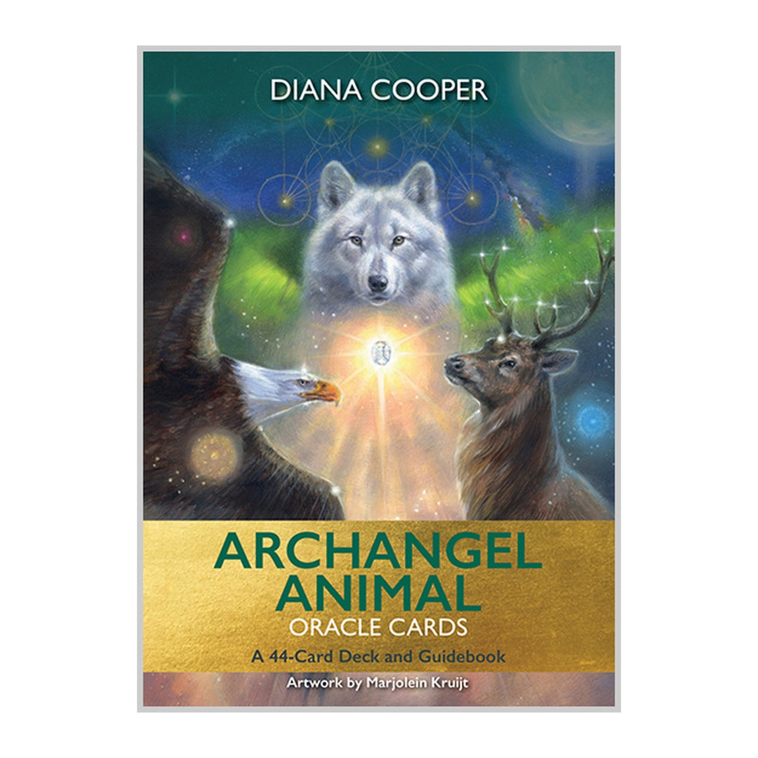 Archangel Animal Oracle Cards box front by Diana Cooper, showing a white wolf, an eagle and a stag