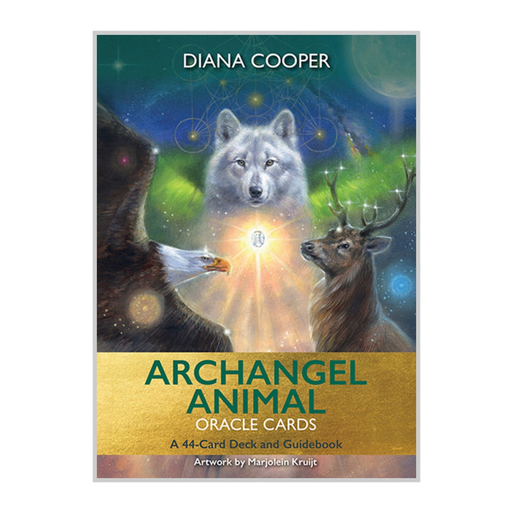 Archangel Animal Oracle Cards box front by Diana Cooper, showing a white wolf, an eagle and a stag