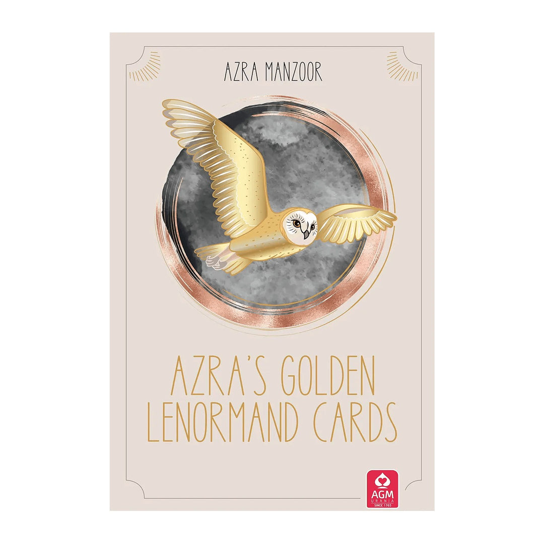 Azra’s Golden Lenormand Cards box front by Azra Manzoor, with a golden owl