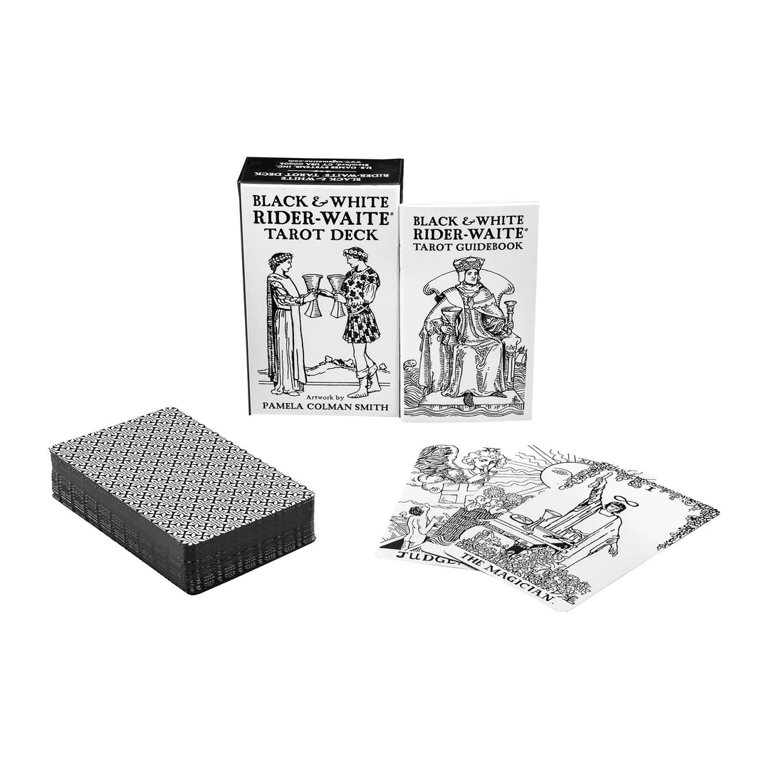 Black &amp; White Rider-Waite Tarot Deck box, guidebook, deck and a sample card