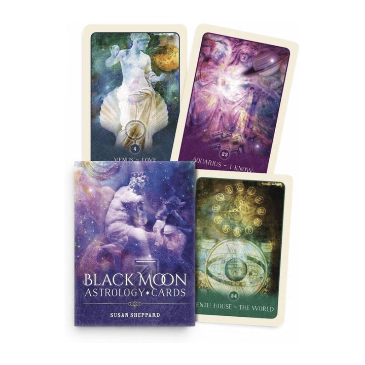Black Moon Astrology Cards box by Susan Sheppard, with three cards