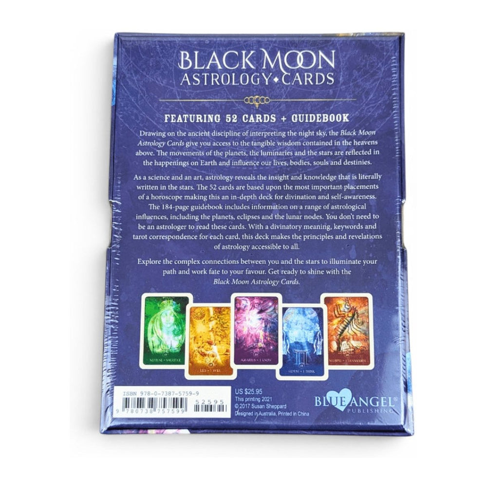 Back of the Black Moon Astrology Cards box, with five sample cards
