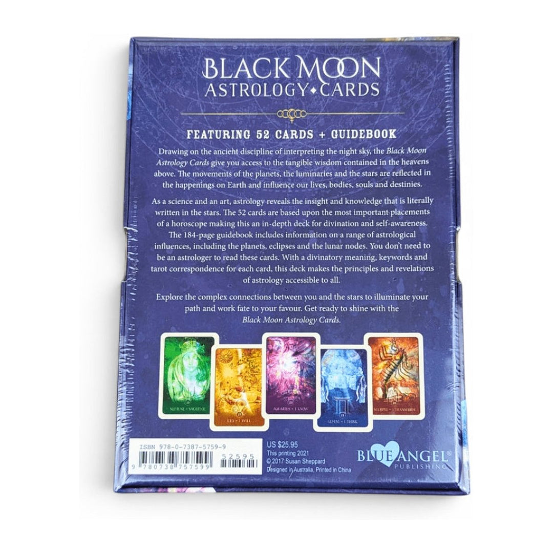 Back of the Black Moon Astrology Cards box, with five sample cards