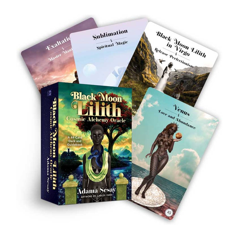 Box and fanned cards from the Black Moon Lilith Cosmic Alchemy Oracle, including Sublimation and Exaltation