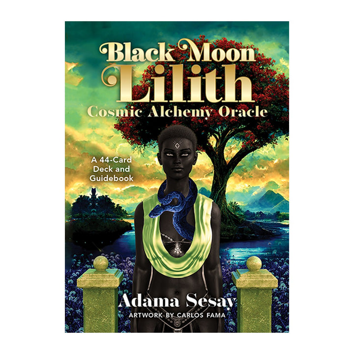 Black Moon Lilith Cosmic Alchemy Oracle box front by Adama Sesay, showing a woman with a serpent under a tree