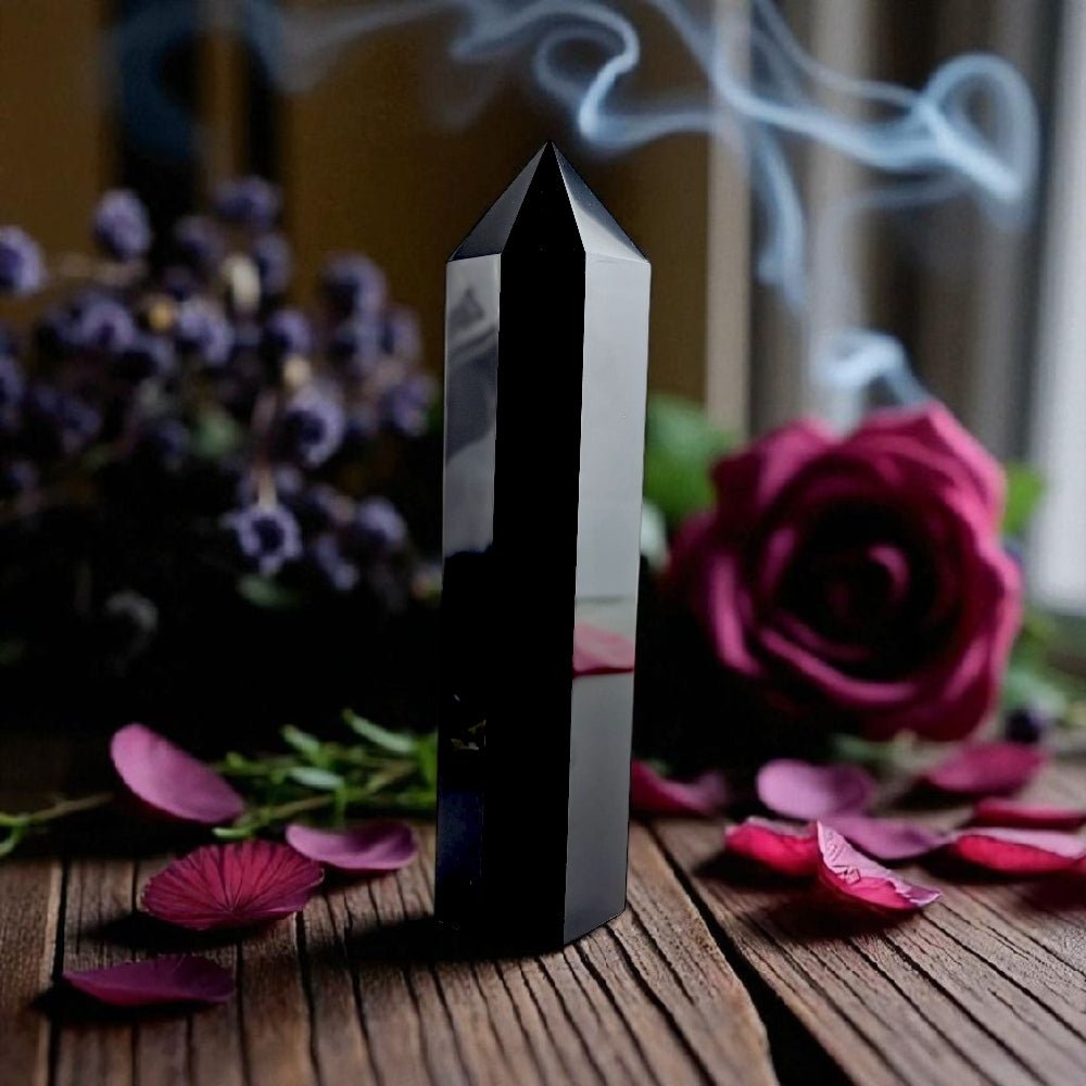 Black Obsidian Crystal tower with smoke on a wooden surface with flowers in the background available at zen collection crystal store near me