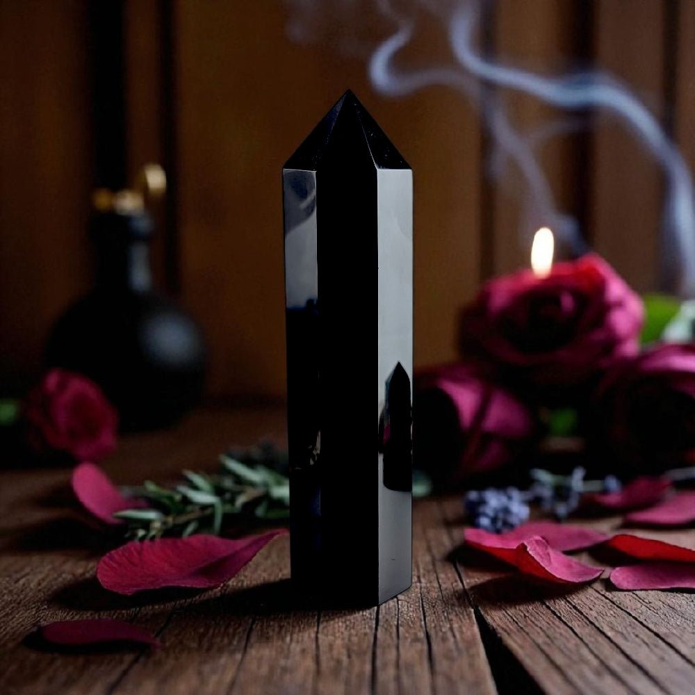 Root Chakra Black Obsidian crystal tower with smoke on a wooden surface with flowers and candles available at zen collection crystal store near me