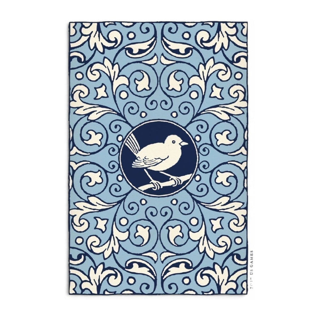 Card back of the Blue Bird Lenormand, with a bird on a blue scroll pattern