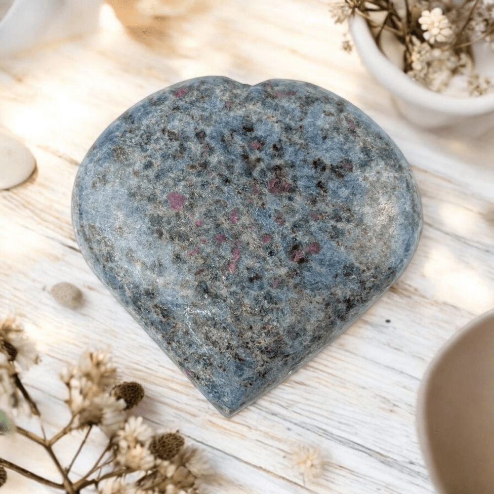 Blue Kyanite in Ruby Fuchsite Heart crystal