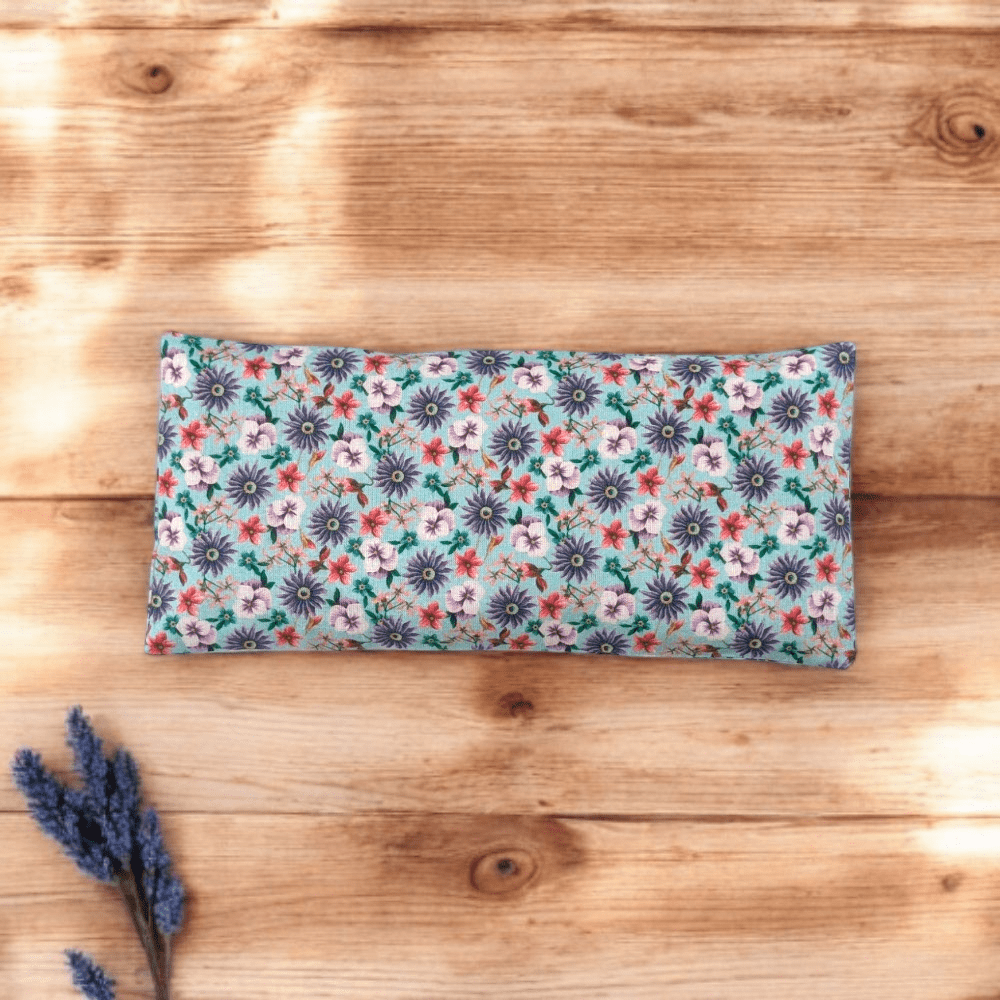 Close-up of blue floral fabric on relaxation set


