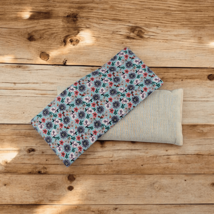Close-up of blue floral fabric on relaxation set