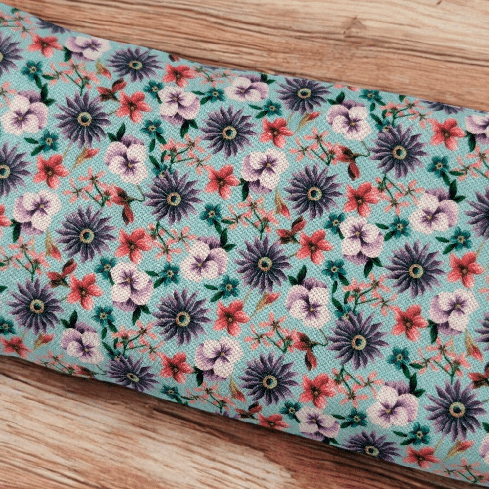 Close-up of blue floral fabric on relaxation set