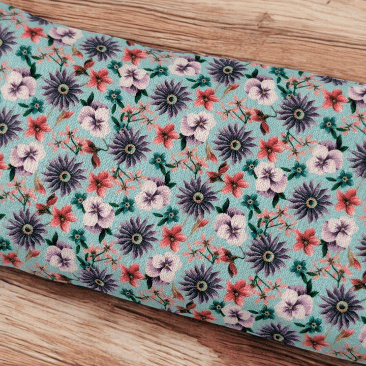 Close-up of blue floral fabric on relaxation set