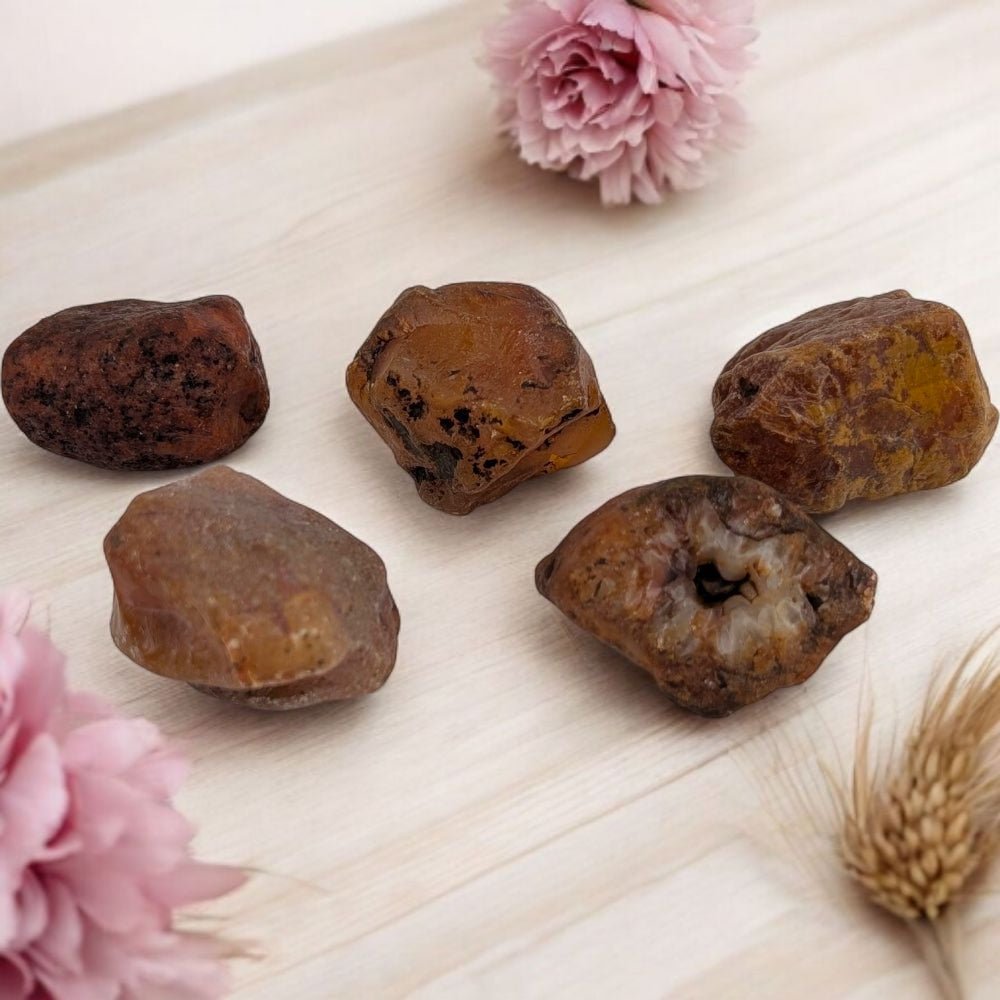 Five orange carnelian stones on a light wooden surface with pink flowers and a dried plant.