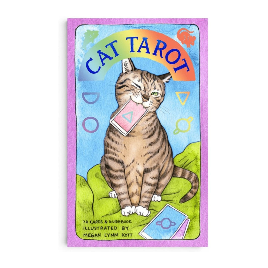 Cat Tarot box front, showing a tabby cat holding a card