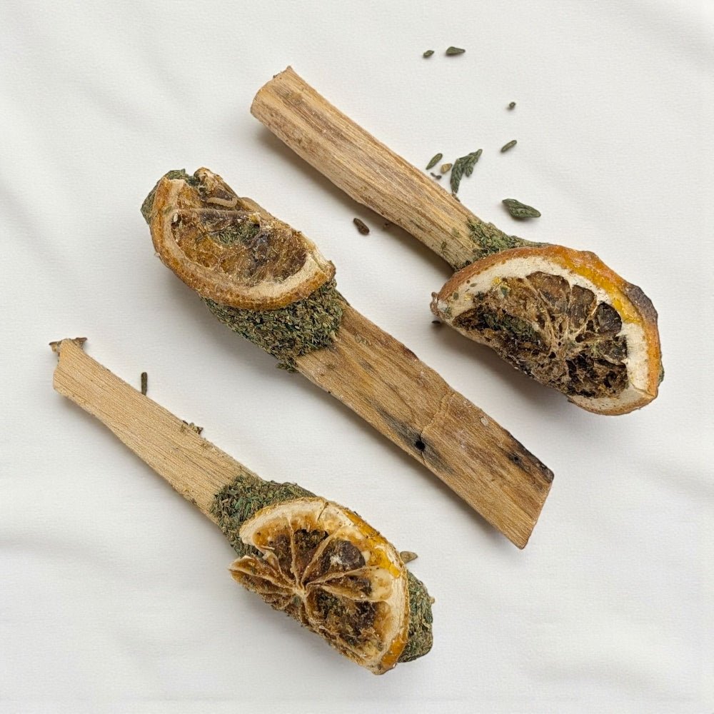 Dried herbs and citrus pieces on a palo santo sick resting on a white background available at zen collection metaphysical store