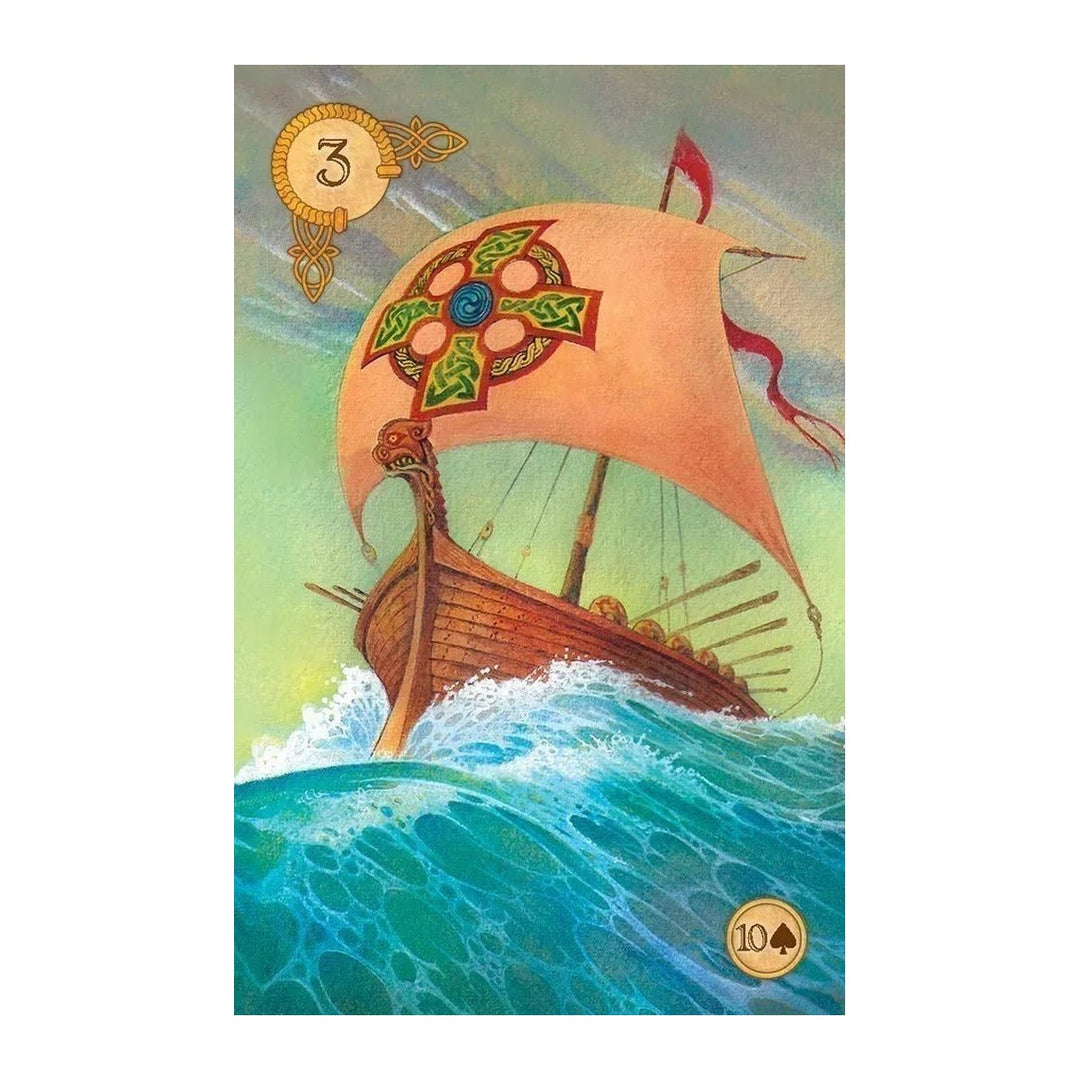 Card 3 from the Celtic Lenormand, showing a ship with a Celtic cross sail