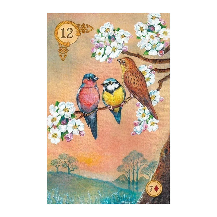 Card 12 from the Celtic Lenormand, showing three songbirds on a blossoming branch