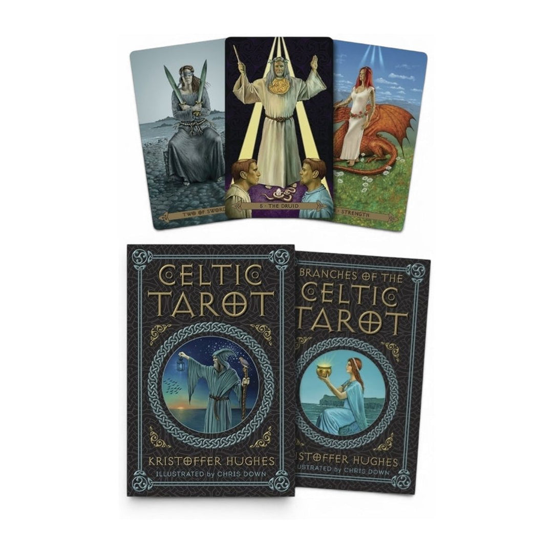 Celtic Tarot box and guidebook by Kristoffer Hughes, with three cards