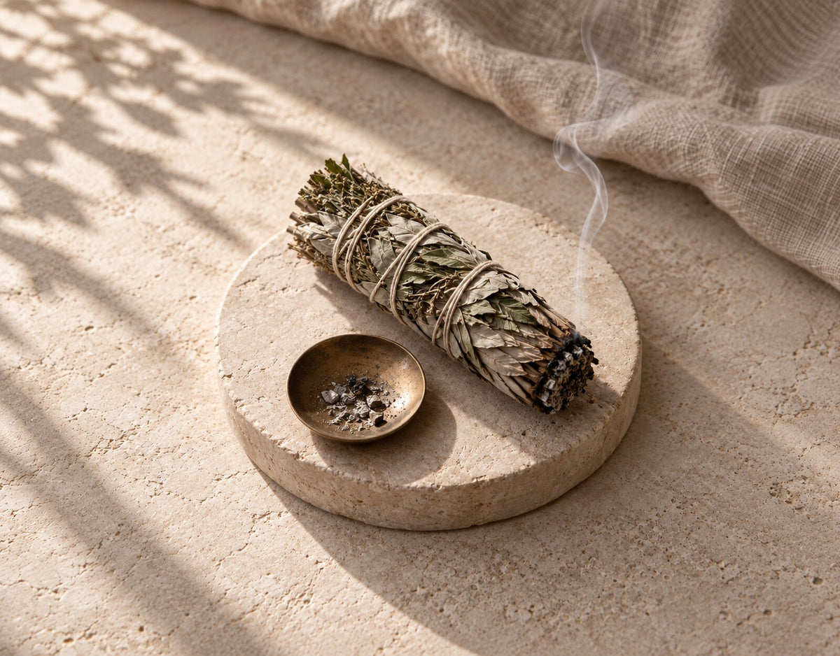 Herbal cleansing bundle styled on warm limestone for Zen Collection’s Clear Your Space collection.