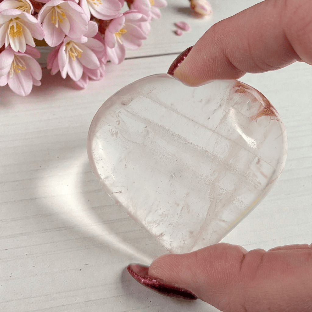 natural clear quartz heart for intention setting available at zen collection metaphysical store