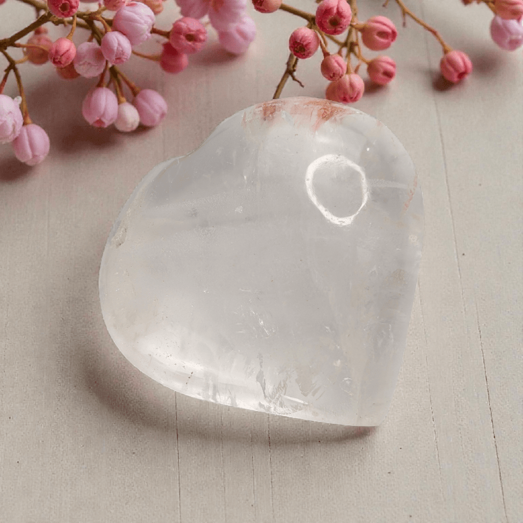 natural clear quartz heart for intention setting available at zen collection metaphysical store