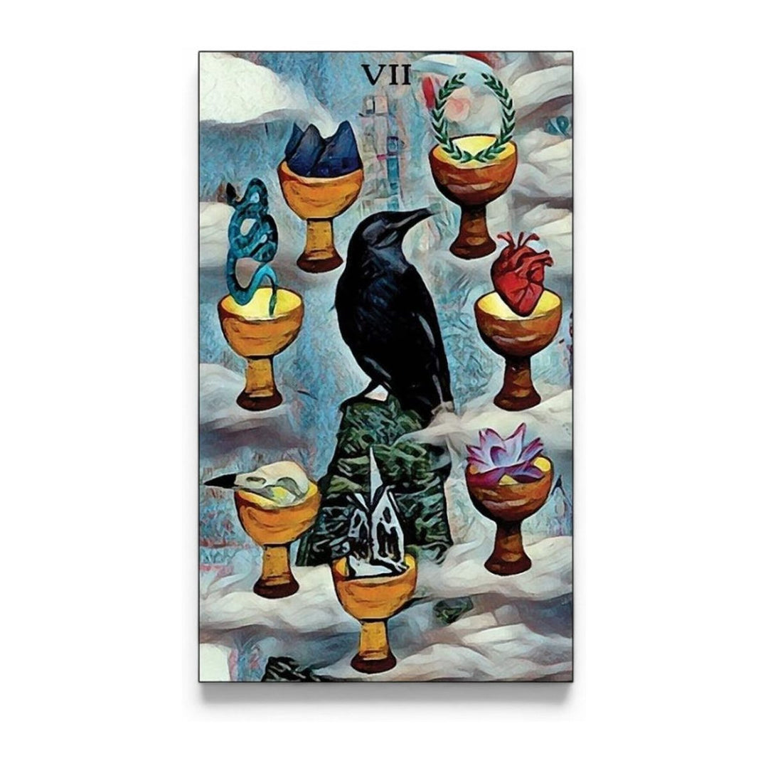 Seven of Cups card from Crow Tarot, angled view