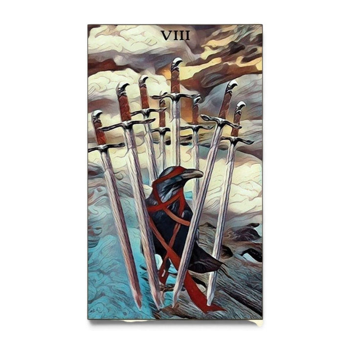 Eight of Swords card from Crow Tarot, angled view