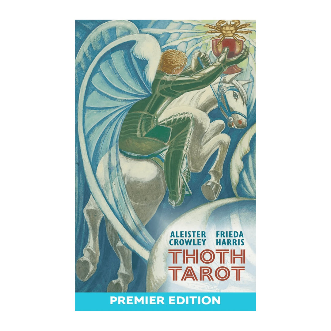 Crowley Thoth Tarot Premier Edition box by Aleister Crowley and Frieda Harris, with the Knight of Cups on the front
