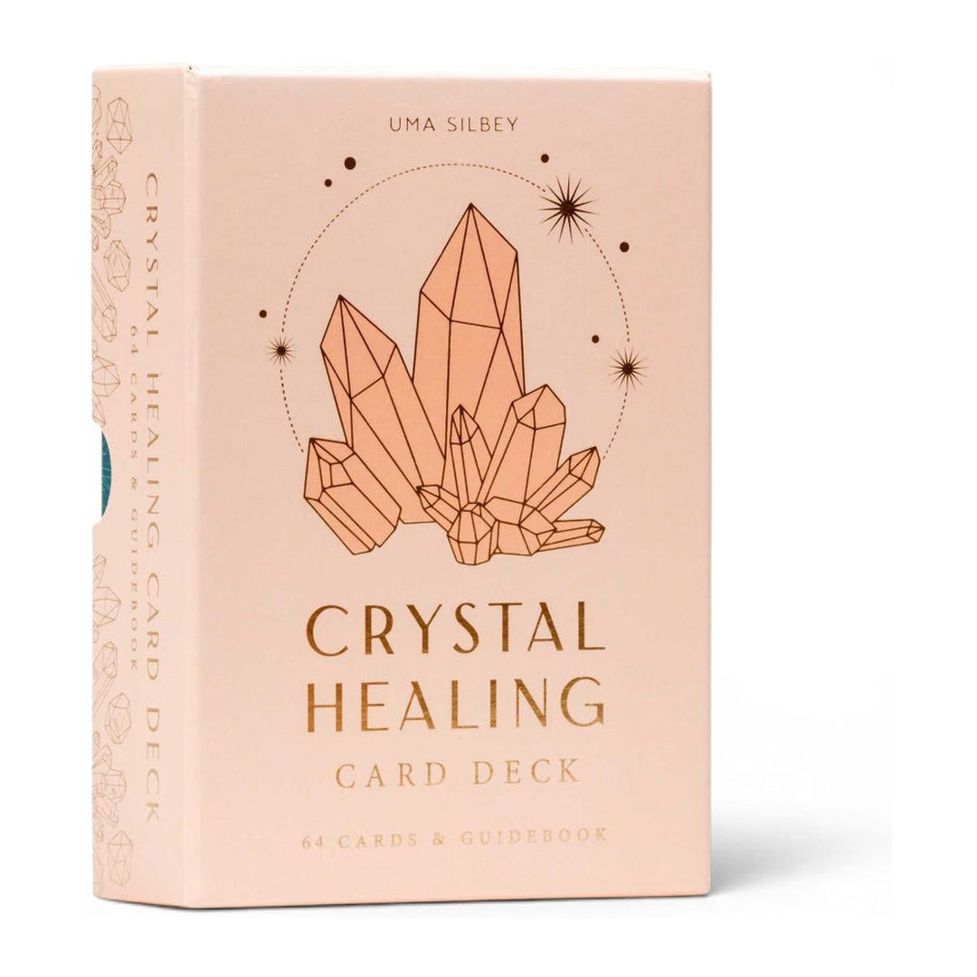 Crystal Healing Card Deck box by Uma Silbey, with rose gold crystal artwork