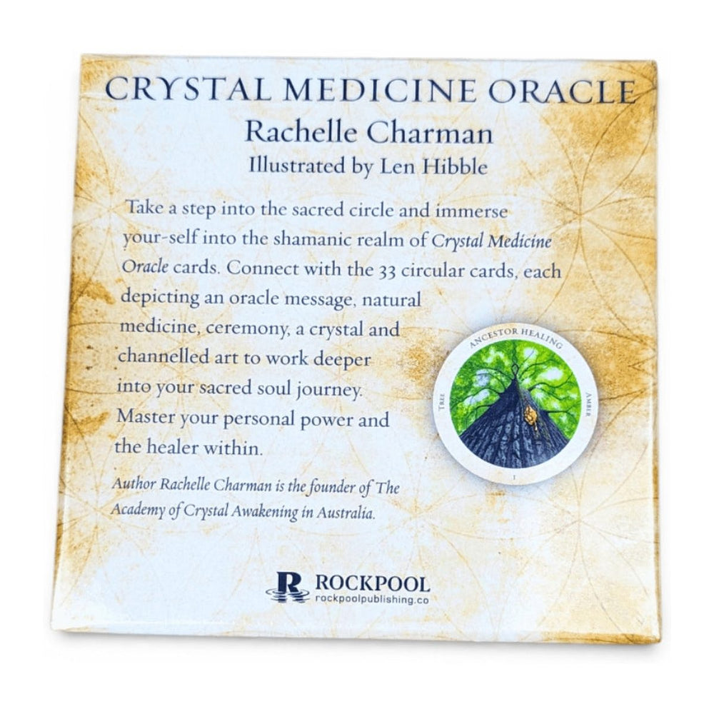 Back of the Crystal Medicine Oracle box, with a round sample card
