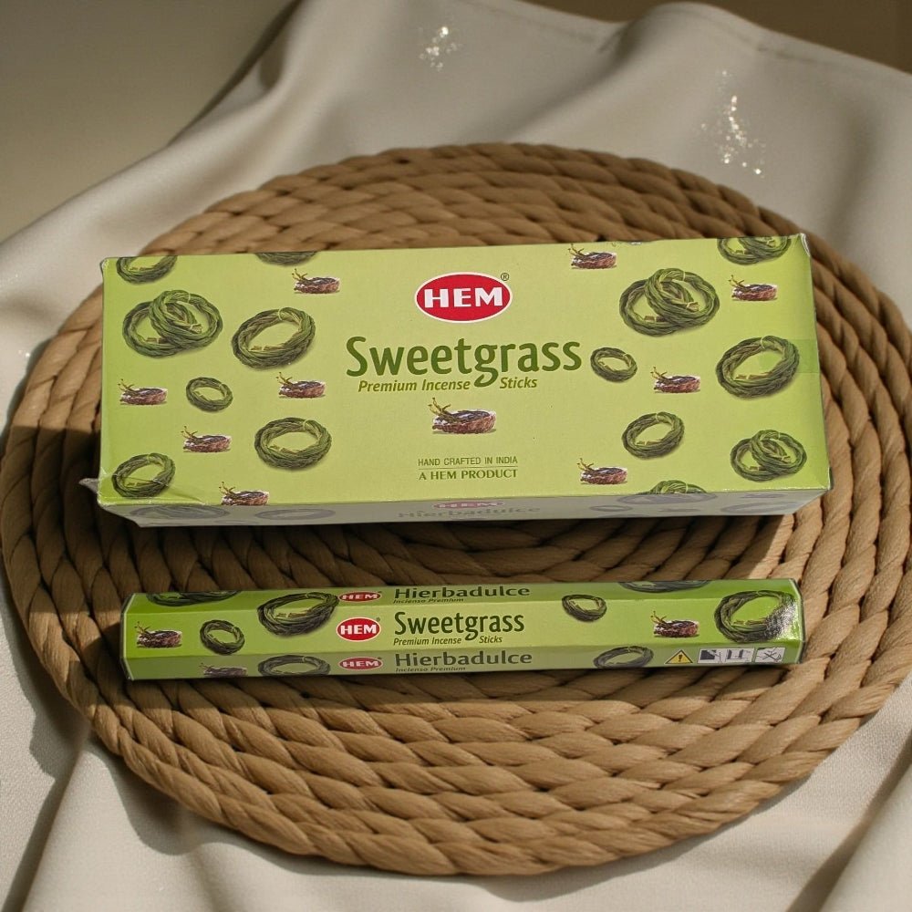 Hem Sweetgrass incense packaging on a woven mat at zen collection crystal stores in barrie