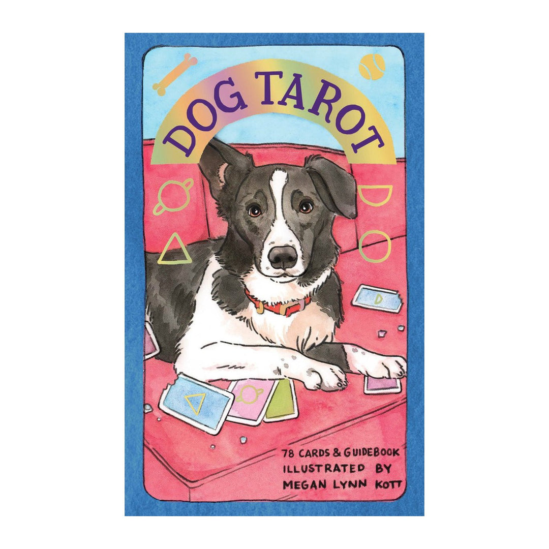 Dog Tarot cover art of a dog with tarot cards, close view