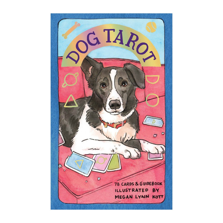 Dog Tarot cover art of a dog with tarot cards, close view