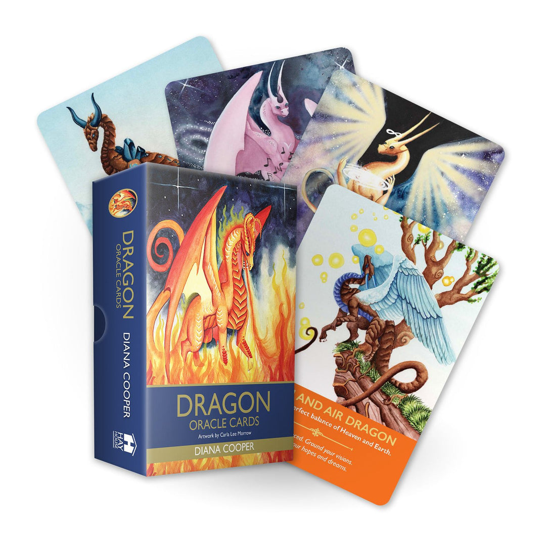 Dragon Oracle Cards deck box by Diana Cooper, with a fiery orange dragon on the front