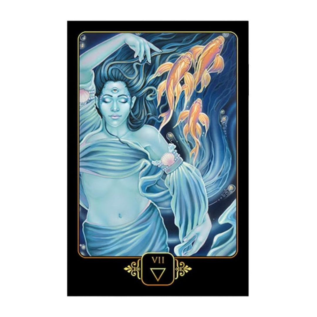 Card VII of the water suit from the Dreams of Gaia Tarot, showing a woman with koi