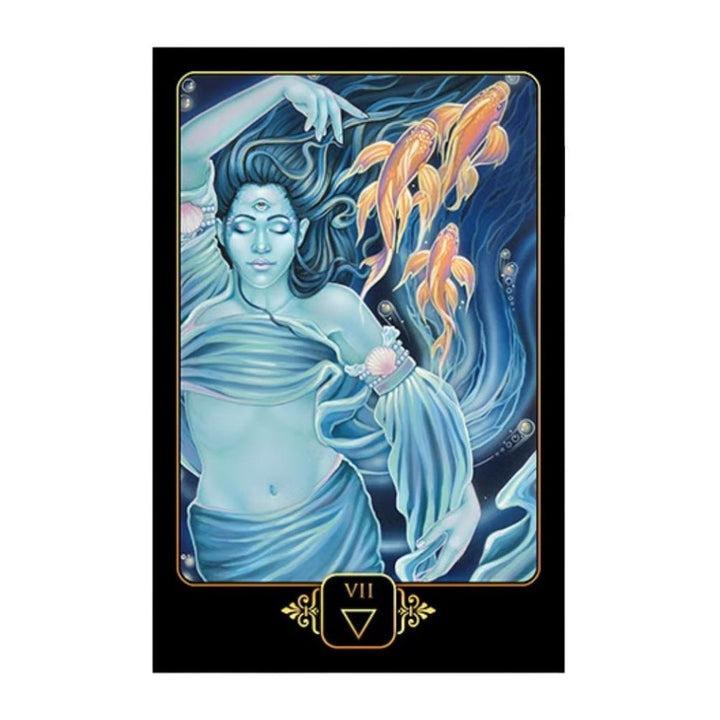 Card VII of the water suit from the Dreams of Gaia Tarot, showing a woman with koi