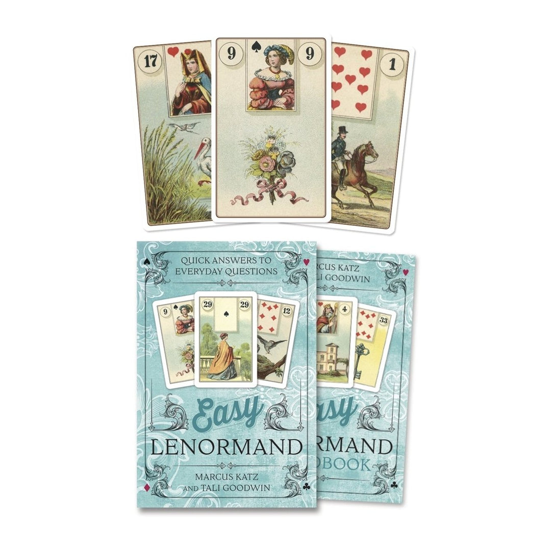 Easy Lenormand box and guidebook by Marcus Katz and Tali Goodwin, with three cards
