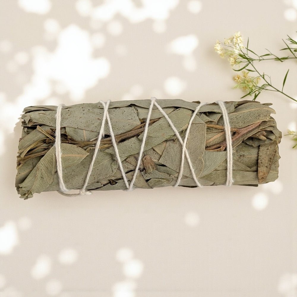 Rolled eucalyptus bundle tied with twine on a light background available at Zen Collection Crystal Store