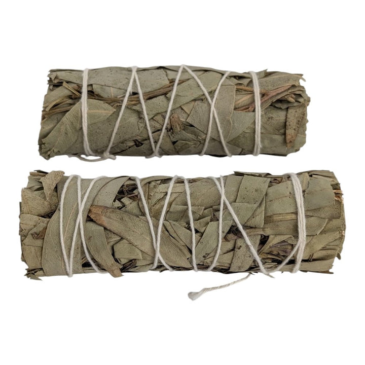 Two bundles of sage tied with white string on a white background available today at zen collection Canadian metaphysical store