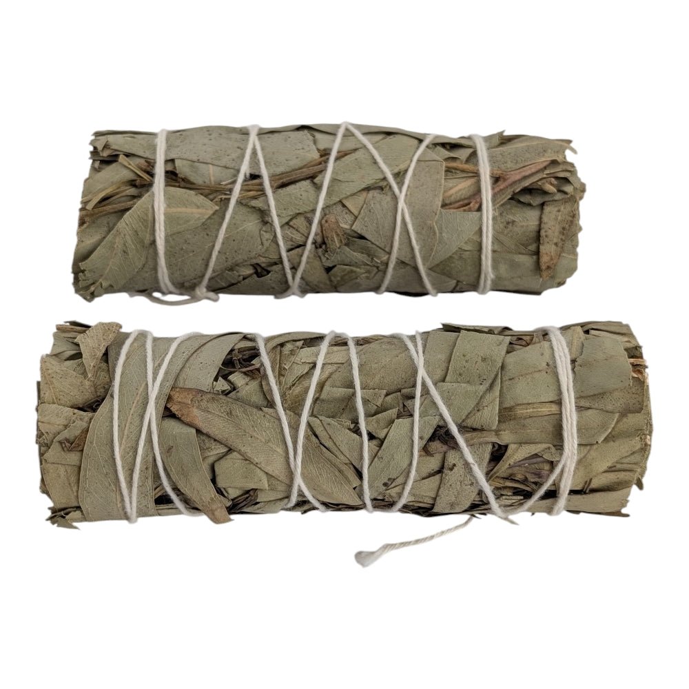 Two bundles of sage tied with white string on a white background available today at zen collection Canadian metaphysical store