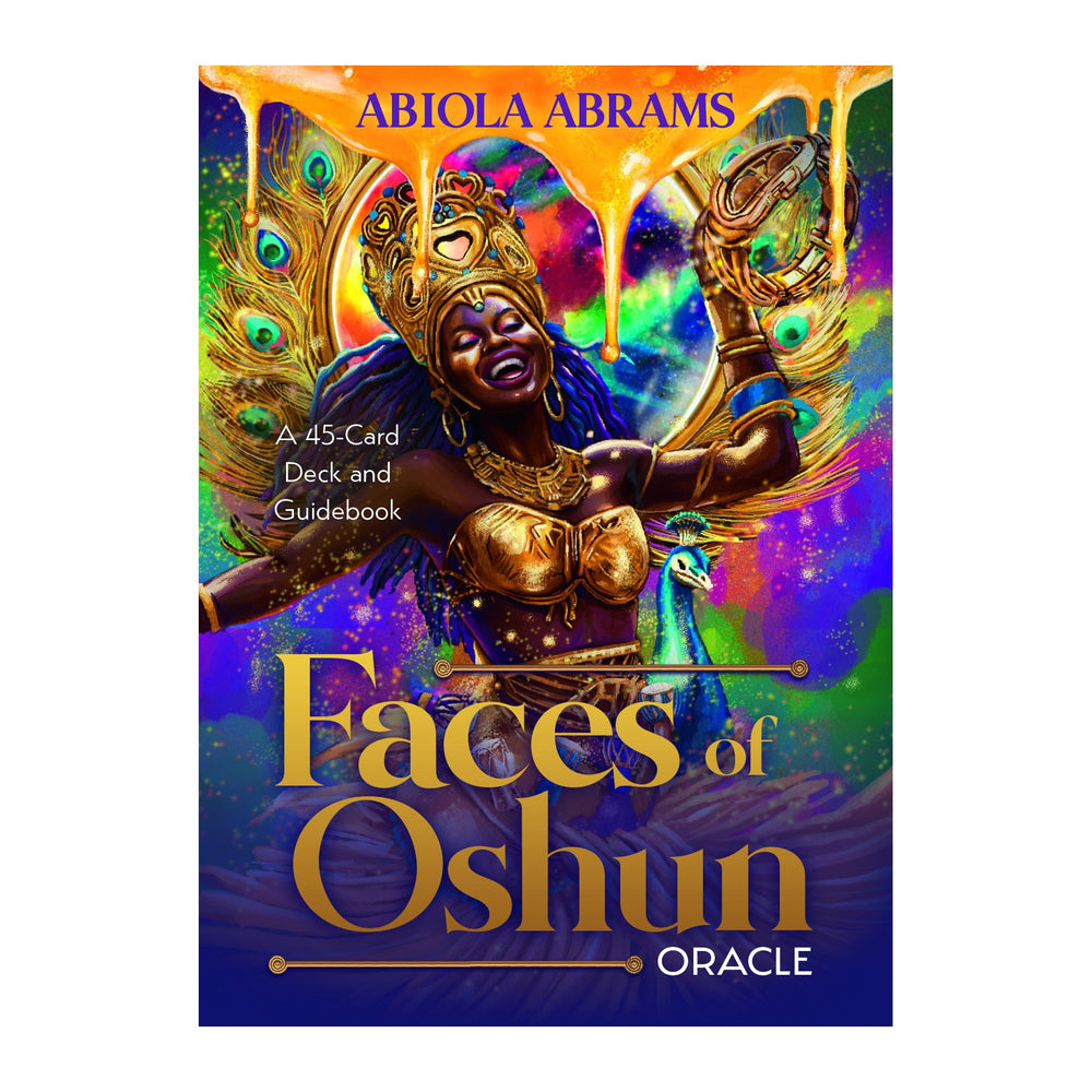 Faces of Oshun Oracle box front by Abiola Abrams, showing Oshun in gold with peacock feathers