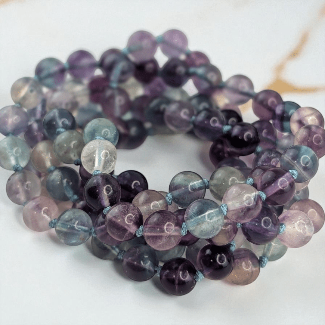 hand-knotted mala with with 108 fluorite beads for intuition available at Zen Collection Crystal Stores in Barrie