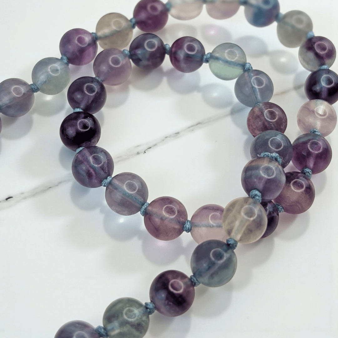 hand-knotted mala with with 108 fluorite beads for intuition available at Zen Collection Crystal Stores in Barrie
