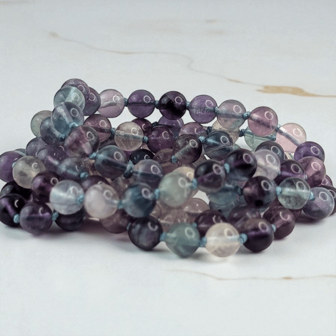 hand-knotted mala with with 108 fluorite beads for intuition available at Zen Collection Crystal Stores in Barrie