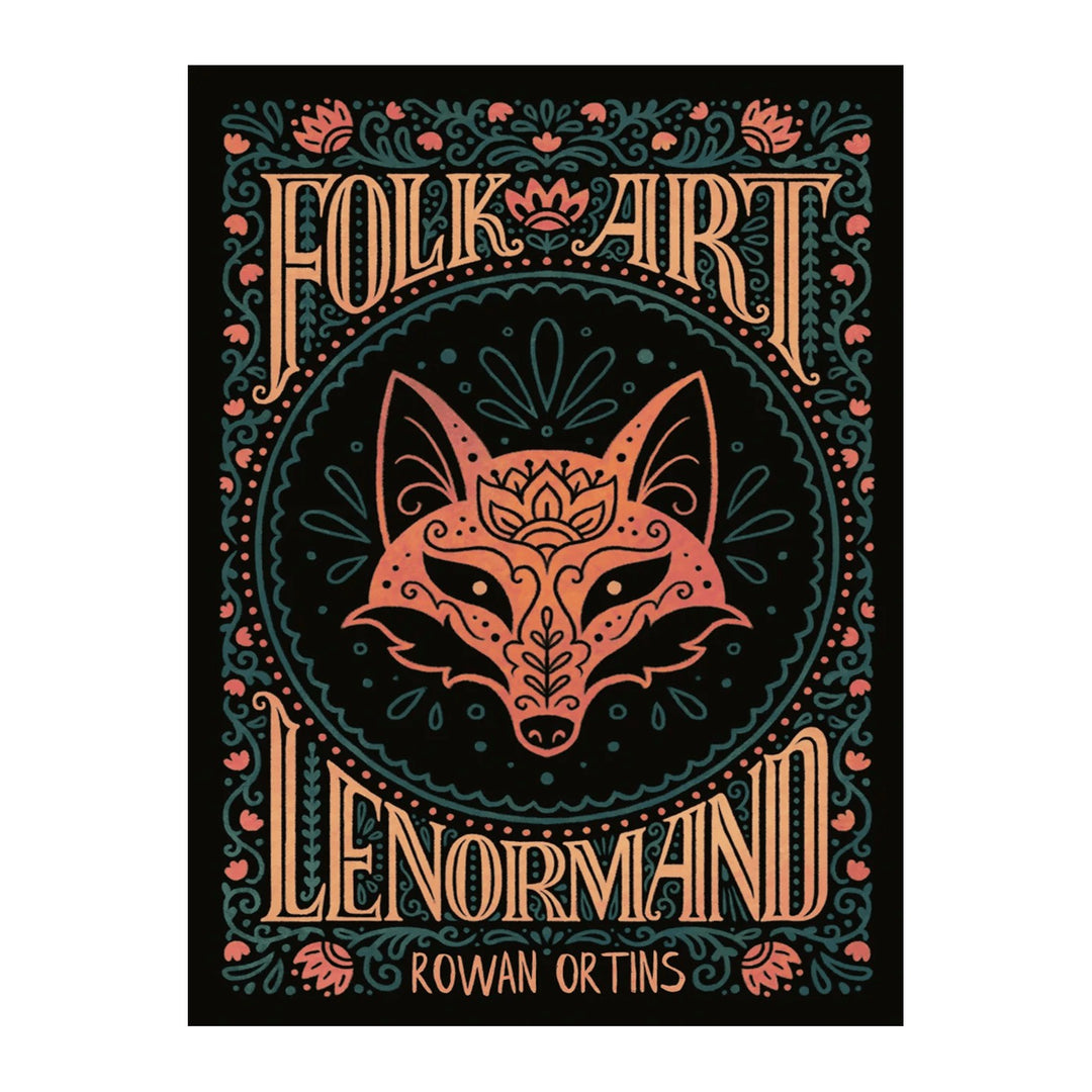 Folk Art Lenormand box front by Rowan Ortins, with a folk art fox