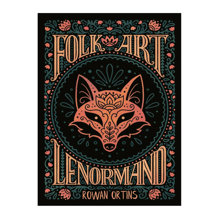 Folk Art Lenormand box front by Rowan Ortins, with a folk art fox